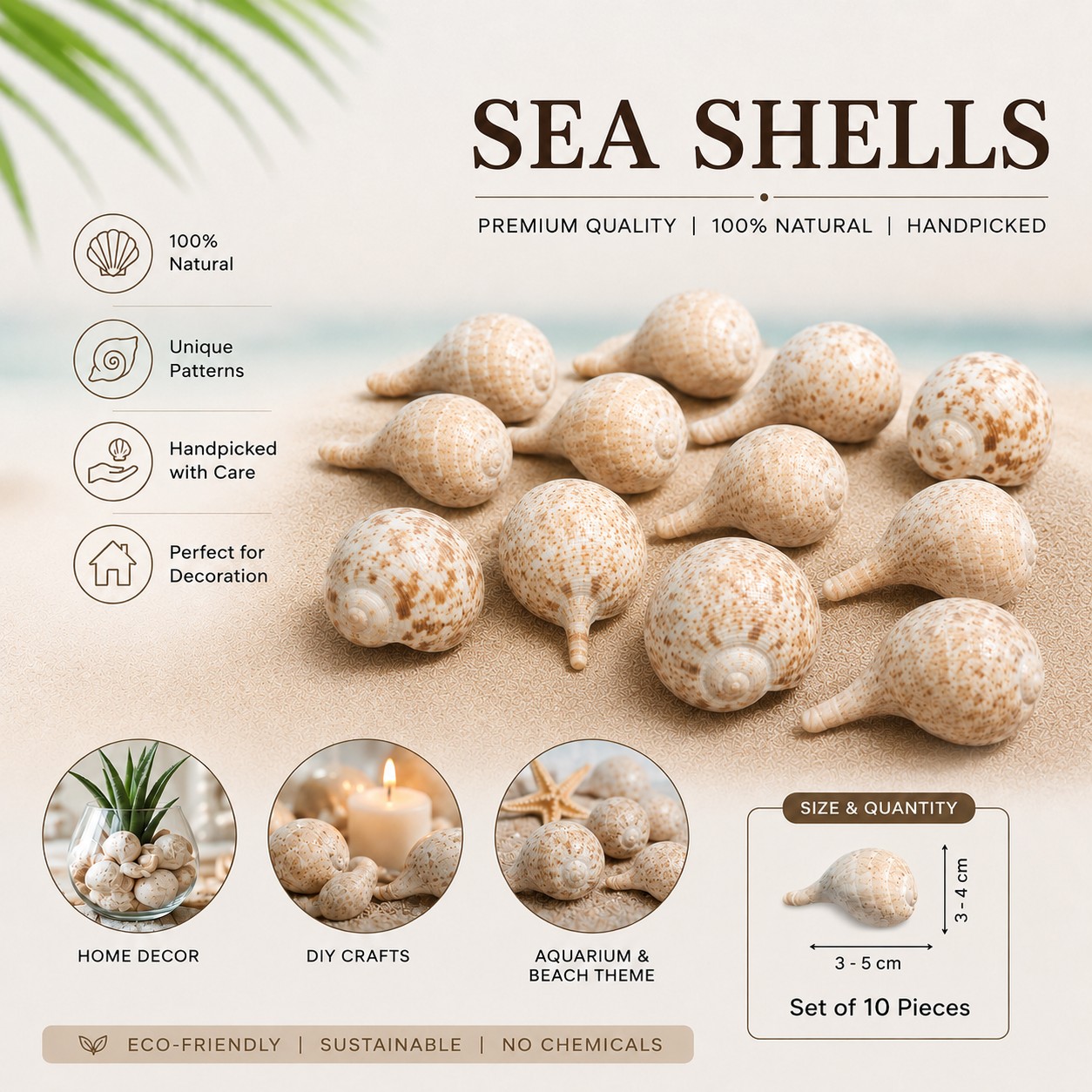 Premium Natural Sea Shells for Crafts Home Decor - Set of 10 Pieces (3-5 cm) — view 2